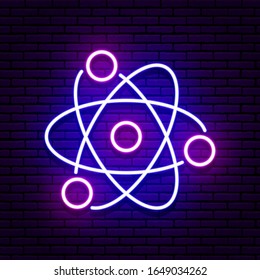 Neon sign in the form of an atom. Blue and violet colors. Against the background of a brick wall with a shadow. Isolated. For your design in medicine, science, education, in development.
