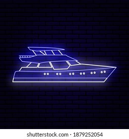 neon sign in the form of an expensive yacht. Against the background of a brick wall with a shadow. Blue, white colors.