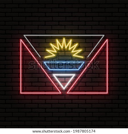 Neon sign in the form of the flag of Antigua and Barbuda. Against the background of a brick wall with a shadow. For the design of tourist or patriotic themes. North America