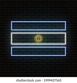 Neon sign in the form of the flag of Argentina. Against the background of a brick wall with a shadow. For the design of tourist or patriotic themes. South America