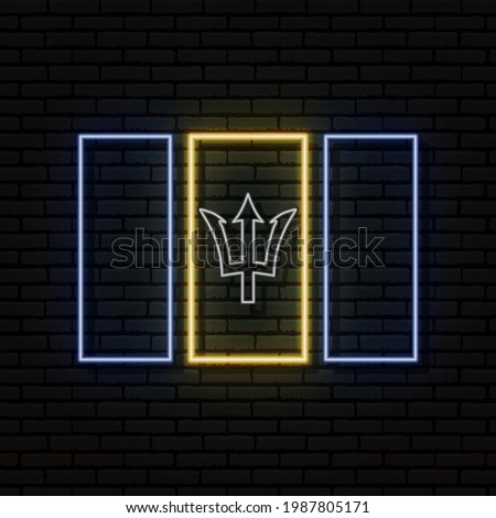 Neon sign in the form of the flag of Barbados. Against the background of a brick wall with a shadow. For the design of tourist or patriotic themes. North America