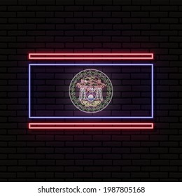 Neon sign in the form of the flag of Belize. Against the background of a brick wall with a shadow. For the design of tourist or patriotic themes. North America