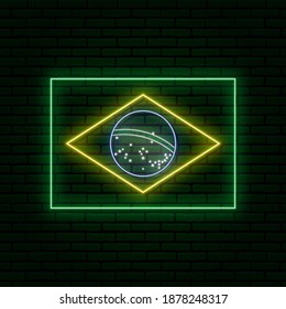 Neon sign in the form of the flag of Brazil. Against the background of a brick wall with a shadow. for the design of a tourist or patriotic theme. Green, yellow, blue and white colors.