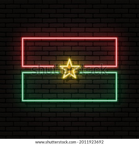 Neon sign in the form of the flag of Burkina Faso. Against the background of a brick wall with a shadow. For the design of tourist or patriotic themes. The African continent