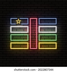 Señal de neón en forma de bandera de la República Centroafricana. En el fondo de una pared de ladrillo con una sombra. Para el diseño de temas turísticos o patrióticos. El continente africano