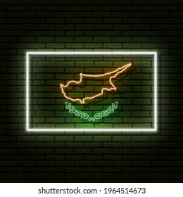 Neon sign in the form of the flag of Cyprus. Against the background of a brick wall with a shadow. for the design of tourist or patriotic themes. white orange green colors.