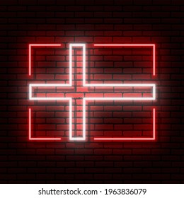 Neon sign in the form of the flag of Denmark. Against the background of a brick wall with a shadow. for the design of tourist or patriotic themes. Red white colors.