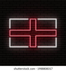 Neon sign in the form of the flag of England. Against the background of a brick wall with a shadow. For the design of tourist or patriotic themes. Europe