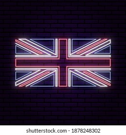 Neon sign in the form of the flag of Great Britain. Against the background of a brick wall with a shadow. for the design of a tourist or patriotic theme. Blue red white colors.