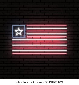Neon sign in the form of the flag of Liberia. Against the background of a brick wall with a shadow. For the design of tourist or patriotic themes. The African continent