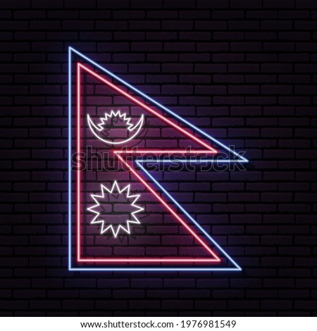 Neon sign in the form of the flag of Nepal. Against the background of a brick wall with a shadow. For the design of tourist or patriotic themes.