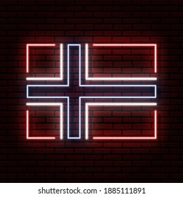 Neon sign in the form of the flag of Norway. Against the background of a brick wall with a shadow. for the design of tourist or patriotic themes. Red white blue colors.