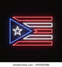 Neon sign in the form of the flag of Puerto Rico. Against the background of a brick wall with a shadow. For the design of tourist or patriotic themes. North America