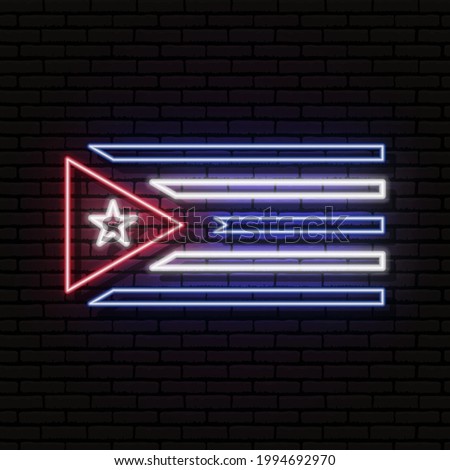 Neon sign in the form of the flag of Republic of Cuba. Against the background of a brick wall with a shadow. For the design of tourist or patriotic themes. North America