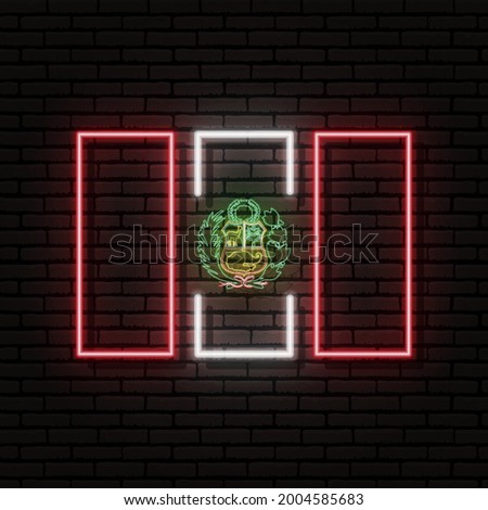 Neon sign in the form of the flag of republic of Peru. Against the background of a brick wall with a shadow. For the design of tourist or patriotic themes. South America