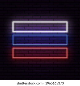 Neon sign in the form of the flag of Russia. Against the background of a brick wall with a shadow. for the design of tourist or patriotic themes. White blue red colors.