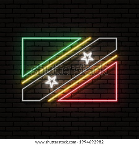 Neon sign in the form of the flag of Saint Kitts and Nevis. Against the background of a brick wall with a shadow. For the design of tourist or patriotic themes. North America