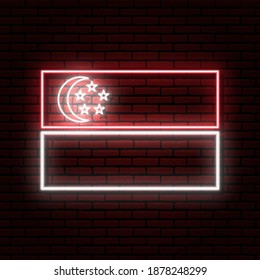 Neon sign in the form of the flag of Singapore. Against the background of a brick wall with a shadow. for the design of a tourist or patriotic theme. Red white colors.