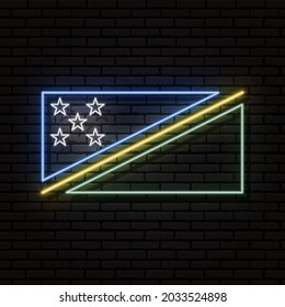 Neon sign in the form of the flag of Solomon Islands. Against the background of a brick wall with a shadow. For the design of tourist or patriotic themes.