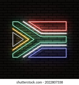 Neon sign in the form of the flag of South Africa Republic. Against the background of a brick wall with a shadow. For the design of tourist or patriotic themes. The African continent