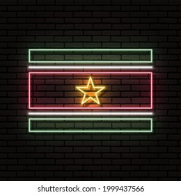 Neon sign in the form of the flag of Suriname. Against the background of a brick wall with a shadow. For the design of tourist or patriotic themes. South America