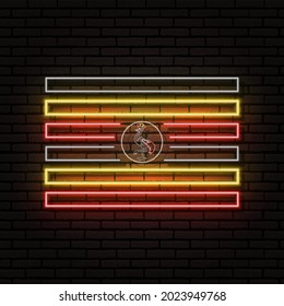 Señal de neón en forma de bandera de Uganda. En el fondo de una pared de ladrillo con una sombra. Para el diseño de temas turísticos o patrióticos. El continente africano