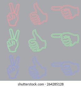 Neon Sign in Form of a Hand, three characters and three colors
