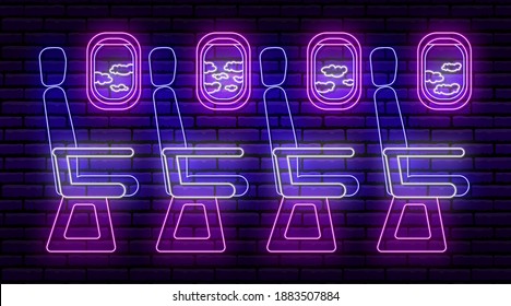 Neon sign in the form of a passenger plane cabin, inside view. Seats and portholes where you can see the sky and clouds. Against a brick wall with a shadow. Blue purple white colors.