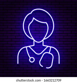 Neon sign in the form of a woman doctor’s icon. Blue colors on a brick wall background. A phonendoscope rests on his shoulders. Isolated.
