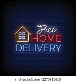 Neon Sign free home delivery with brick wall background vector