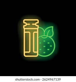 Neon sign of fresh orange juice in glass bottle with green leaf, glowing on dark background