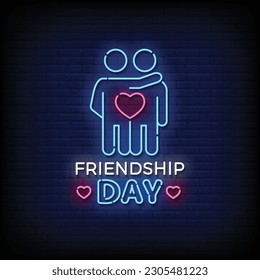Neon Sign friendship day with brick wall background vector