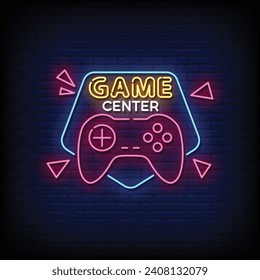 Neon Sign game center with brick wall background vector