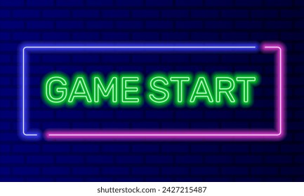 Neon sign game start in speech bubble frame on brick wall background vector. Light banner on the wall background. Game start button navigation, design template, night neon signboard