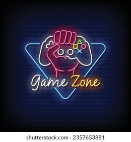 Neon Sign game zone with brick wall background vector