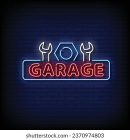 Neon Sign garage with brick wall background vector