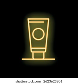 Neon sign of generic cosmetic product packaging glowing yellow on black background
