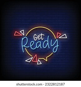 Neon Sign get ready with brick wall background vector