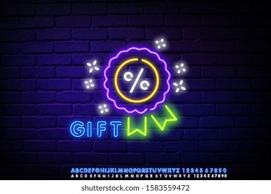 Neon sign gift in bubble. Neon sign with snowflakes light banner design element colorful modern design trend, night bright advertising, bright sign. Vector illustration