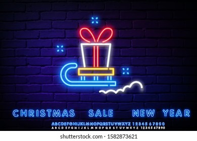 Neon sign gift is on the sled. Neon sign with snowflakes light banner design element colorful modern design trend, night bright advertising, bright sign. Vector illustration