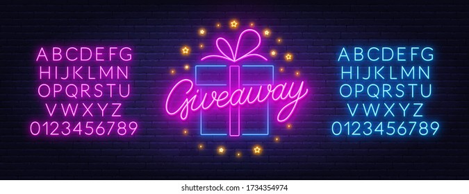 Neon sign giveaway on brick wall background.