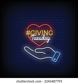 neon sign giving tuesday with brick wall background vector illustration