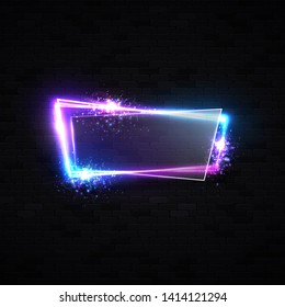 Neon sign with glass texture plate on black brick wall background. Celebrating festive signboard with light flash glitter particles. 3d electric chrome wiring border. 80s techno vector illustration.