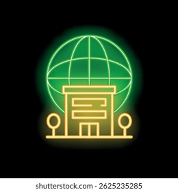 Neon sign of a globe hovering over an office building at night, concept for international business