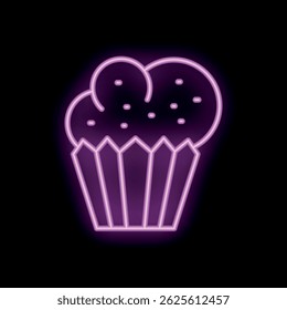 Neon sign is glowing in the dark, shaped like a cupcake with bright pink light