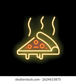 Neon sign is glowing in the dark, showing a steaming hot pizza slice