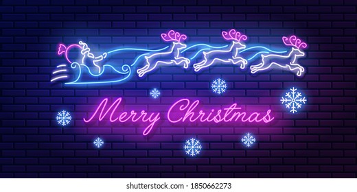 Neon sign glowing lettering Merry christmas with santa claus and reindeer team on brick wall background. Glowing inscription banner, vector illustration