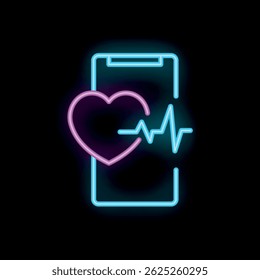 Neon sign glowing on a wall in the dark, representing a mobile healthcare app with a heart and a heartbeat symbol