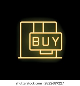 Neon sign is glowing yellow displaying a buy button for online shopping