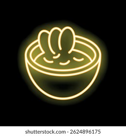 Neon sign is glowing yellow, showing a bowl with steam coming out of it